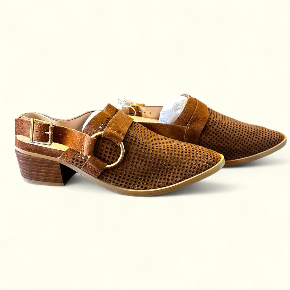 Rag and Co size 8 NWT & bag tan Rosalie suede leather western style heeled mules